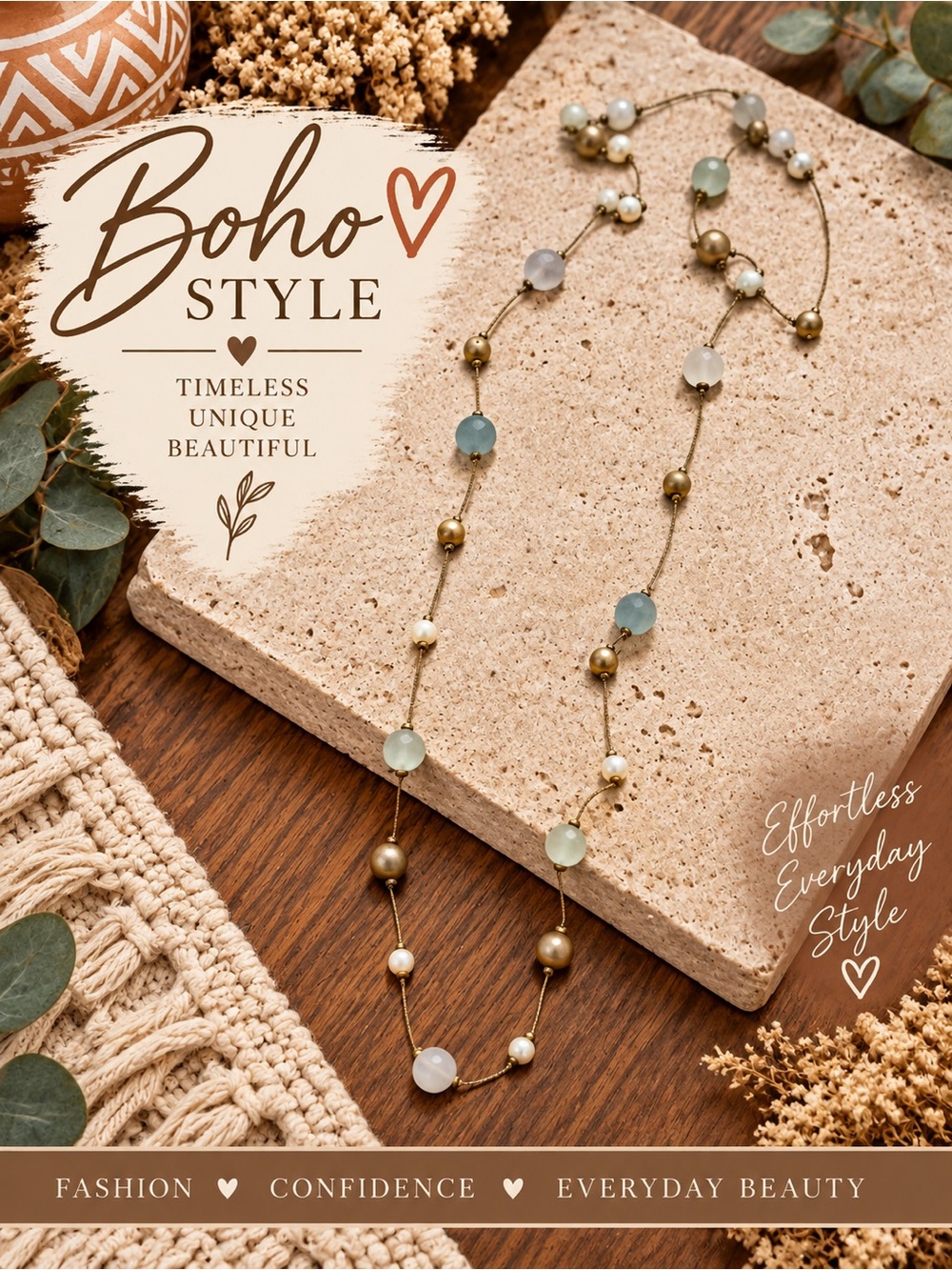 776 Erica Lyons Seafoam & Pearl Beaded Boho Necklace